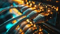 Close-up of intertwined internet cables with glowing connectors. concept of network infrastructure, digital connectivity Royalty Free Stock Photo