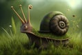 Snail crawling on the green grass in the garden Royalty Free Stock Photo