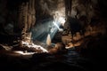 close-up of intricate cave spelunking formations, with flashlight beam illuminating the scene