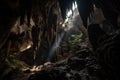 close-up of intricate cave spelunking formations, with flashlight beam illuminating the scene