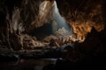 close-up of intricate cave spelunking formations, with flashlight beam illuminating the scene