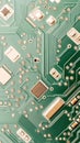 Close up of intricate green circuit board patterns with metallic components, symbolizing modern technology and innovation. Royalty Free Stock Photo