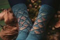 close-up of intricate knitting pattern on a pair of socks