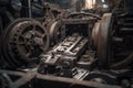 close-up of intricate machinery, processing valuable metal from raw ore