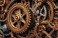 close-up of intricate steampunk gears interlocking