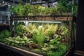 close-up of the intricate system of aquaponics, showing fish and plant life