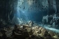 close-up of intricate underwater cave formations, with schools of fish swimming among them