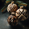 Elegant Carved Wooden Christmas Ornaments, AI Generated Royalty Free Stock Photo