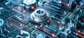 A close-up of intricately designed digital mechanisms, rendered in 3D, featuring holographic diagrams and graphs