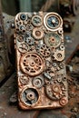 A close-up of a intricately designed steampunk smartphone, adorned with gears and cogs, rests on a workbench in a workshop