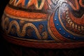 close-up of intricately painted ancient clay pot