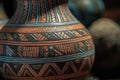 close-up of intricately painted ancient clay pot