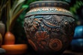 close-up of intricately painted ancient clay pot