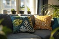 Close up of inviting gray sofa with plush cushions in stylish scandinavian living room interior