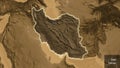 Iran border shape overlay. Glowed. Sepia elevation. Labels Royalty Free Stock Photo