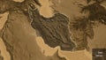 Iran border shape overlay. Outlined. Sepia elevation. Labels Royalty Free Stock Photo