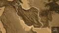 Shape of Iran. Glowed. Sepia elevation. Labels Royalty Free Stock Photo