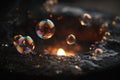 Close-up of iridescent bubbles rising from black cauldron, reflections of candlelight in each bubble Royalty Free Stock Photo