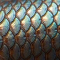Close-up of iridescent fish scales, arranged in an overlapping pattern. The scales display a range Royalty Free Stock Photo