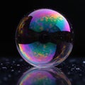 Close up iridescent soap bubble floats on reflective dark surface. Abstract colorful rainbow patterns swirl on sphere. Tiny water Royalty Free Stock Photo