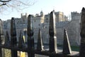 Close up of an iron fence with the tower of london structure in