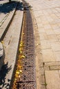 Close-up iron grate drainage system for draining rainwater in Slovakia Royalty Free Stock Photo