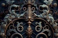 close-up of iron mansion gates with ornate details, including scrolls and floral patterns