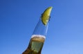 Close up of isolated bottleneck with sparkling yellow beer and a slice of lime against cloudless deep blue sky Royalty Free Stock Photo