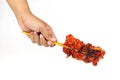 Close up and isolated image of hand holding a grilled  chicken , a traditional Thai street food Royalty Free Stock Photo