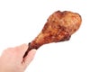 Close up and isolated image of hand holding a grilled turkey leg on white background. Royalty Free Stock Photo