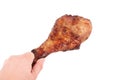 Close up and isolated image of hand holding a grilled turkey leg on white background. Royalty Free Stock Photo