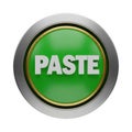 A close-up, isolated image of a round, glossy green button with the word \