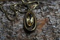 Close up of isolated old vintage golden necklace chain pendant with yellow citrine quartz gemstone on natural tree trunk bark Royalty Free Stock Photo