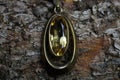 Close up of isolated old vintage golden necklace chain pendant with yellow citrine quartz gemstone on natural tree trunk bark