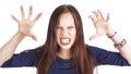 Close up isolated portrait of young annoyed angry woman holding hands in furious gesture. Negative human emotions, face Royalty Free Stock Photo