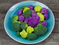 Close up of isolated purple, green, yellow colored raw cauliflowers and broccoli on blue china plate to make children hungry for Royalty Free Stock Photo