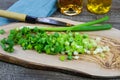 Close up of isolated sliced fresh spring onions scallions on wooden olive tree cutting board and japanese kitchen knife. Blue Royalty Free Stock Photo