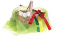 Close-up of isolated strawy basket on white background with Easter eggs