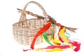 Close-up of isolated strawy basket on white background with Easter eggs