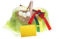 Close-up of isolated strawy basket on white background with Easter eggs