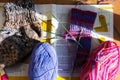 Close up of isolated two knitted socks on german magazine with needlework instruction, knitting needles and two colorful wool ball