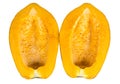 Close-up isolates of large, seedless yellow ripe papaya, halved Royalty Free Stock Photo