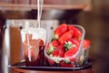 Close-up of Italian ice Strawberry cream on counter refrigerator Royalty Free Stock Photo