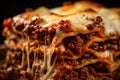 Close up of Italian lasagna pasta dish with minced meat and cheese