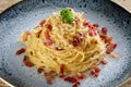 Close up Italian pasta carbonara with eggs cheese  and bacon Royalty Free Stock Photo