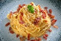 Close up Italian pasta carbonara with eggs cheese  and bacon Royalty Free Stock Photo