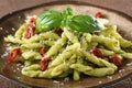 Italian pasta with pesto sauce tomato olive and cheese Royalty Free Stock Photo