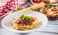 Close up italian pasta spaghetti bolognese in white plate Royalty Free Stock Photo