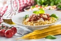 Close up italian pasta spaghetti bolognese in white plate Royalty Free Stock Photo