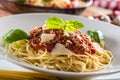 Close up italian pasta spaghetti bolognese in white plate Royalty Free Stock Photo